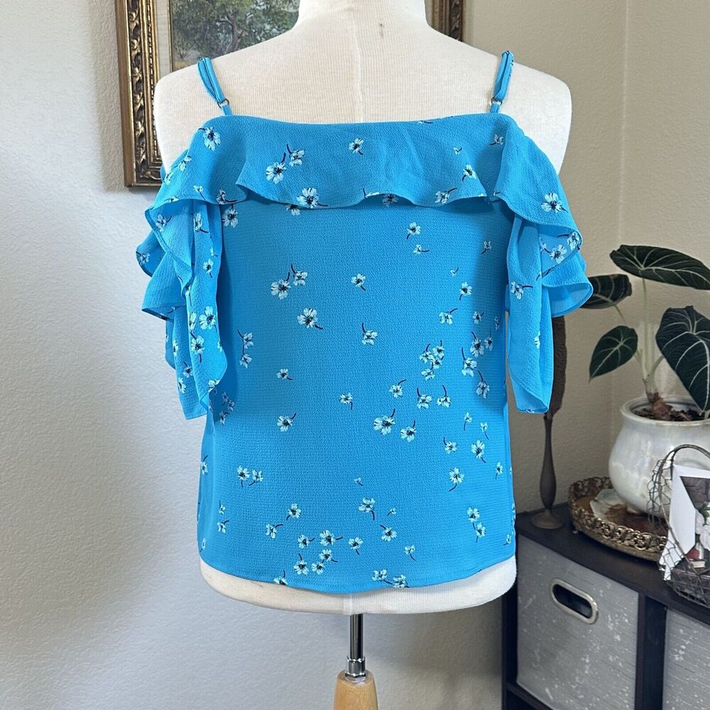 CeCe Women's Blue Teal Blouse Drapy Cold Shoulder Short Sleeve Top Sz XS - Picture 4 of 8
